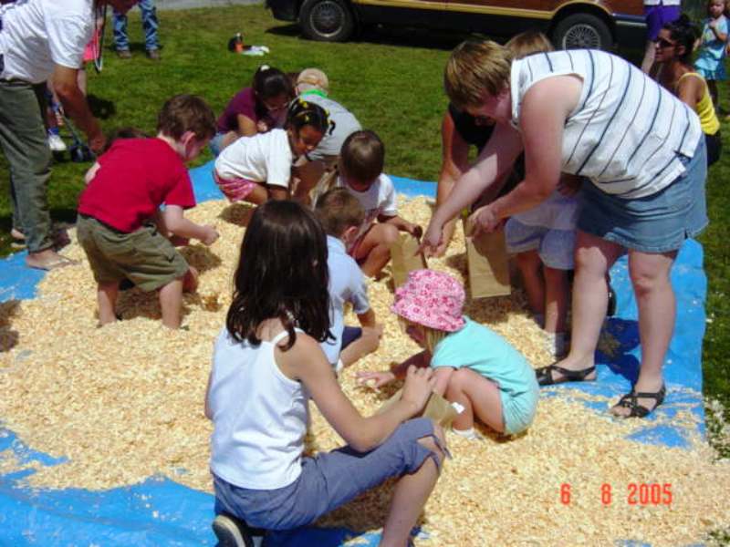 children playing in sawdust
