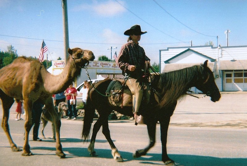 cowboy on horse leading a camel