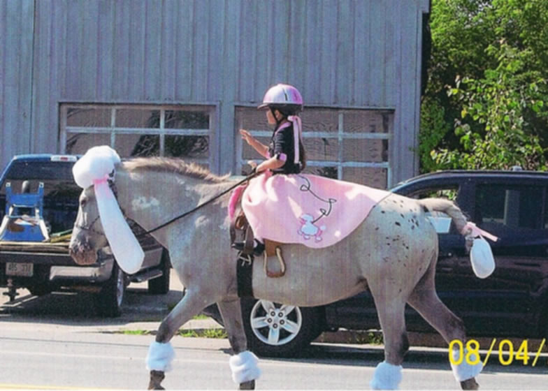 girl in poodle skir on a horse