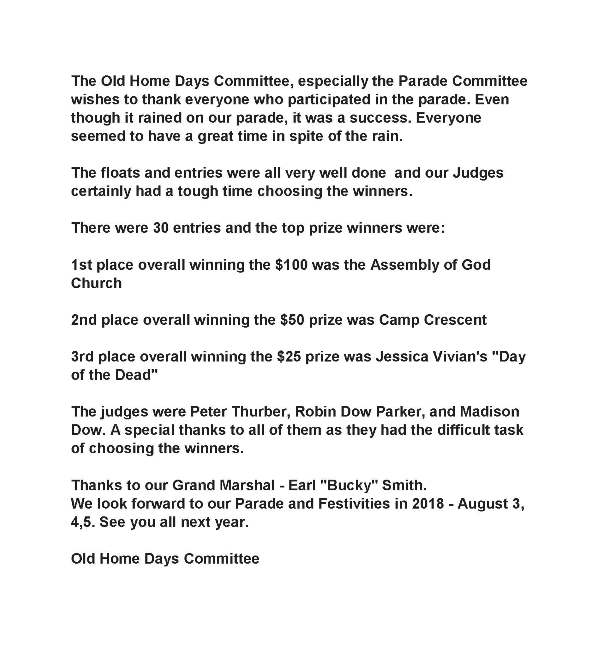 letter announcing parade winners and thanking participants